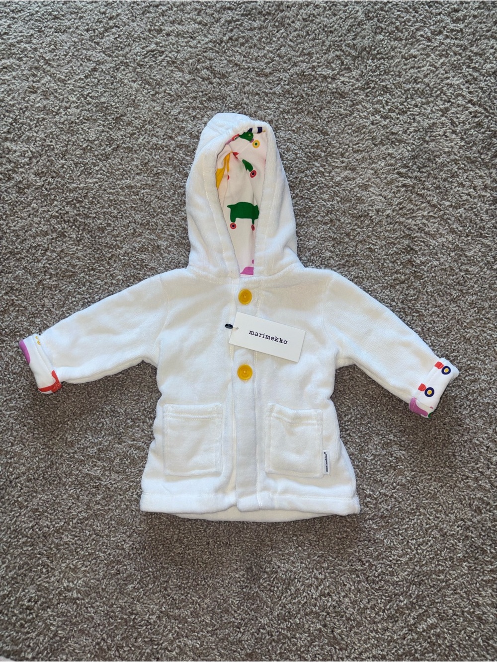 Marimekko Baby Hooded Bathrobe New with Tags; White Terry Robe Unisex Infant